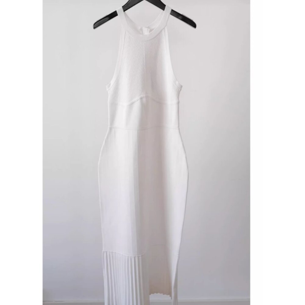 NWT L'AGENCE Kimi Pleat Hem Midi Dress - White Ivory French Knit Quiet Lux - Picture 7 of 12